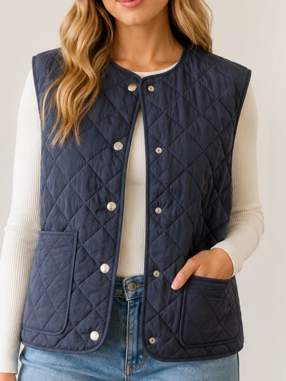 H&M Quilted Vest Navy Blue Lightweight Snap Front Puffer NWT Size L